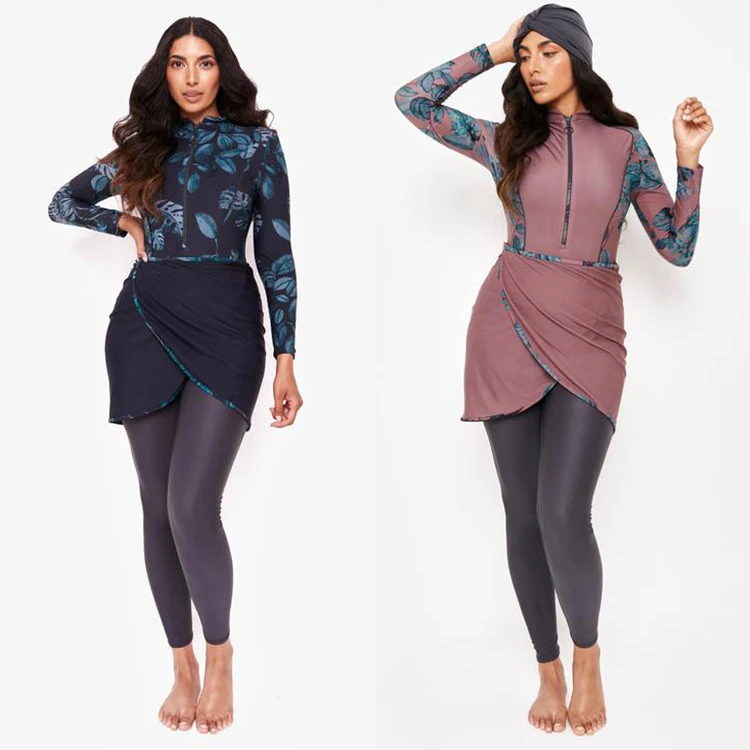 

MOTIVE FORCE 3PCS New Design zipper style burkini muslim swimwear printing long-sleeved slim fit Islamic swimwear woman