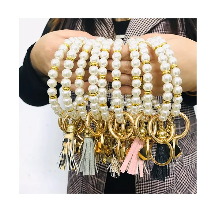 

Boho Pearl and Leopard Print Tassel Bangle Keychain