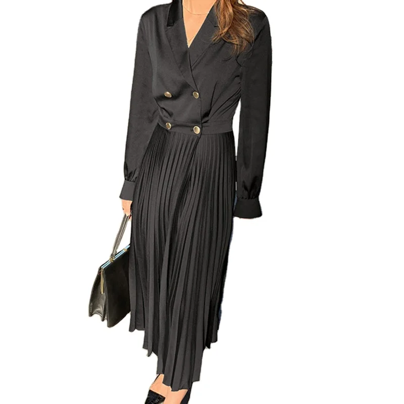 

Wholesale 2020 Spring and Autumn Korean Temperament Elegant Suit Collar Double Breasted Dress High Waist Irregular Pleated Dress, Black,beige