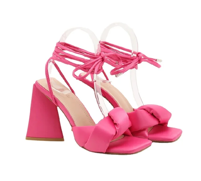 

Summer Block Chunky Sandals Women Open Toe Ankle Lace up Pink Heels, Pink, apricot, black