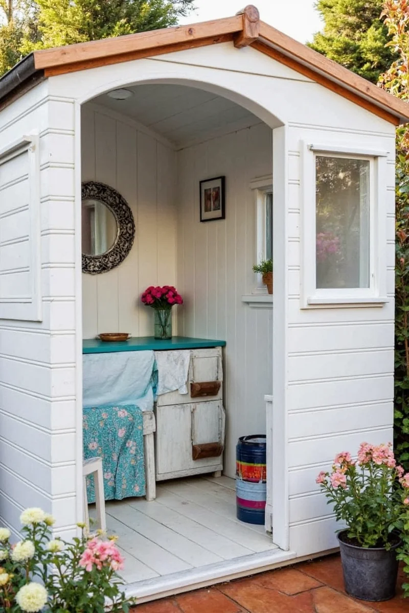 Close-up of garden shed with ventilation and anchor points