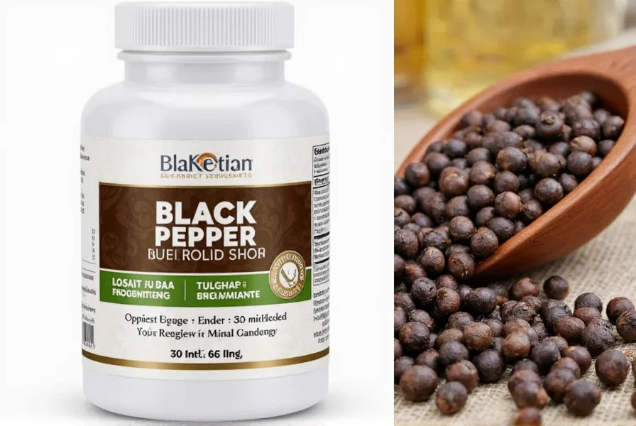 Illustration showing proper dosage of black pepper supplement capsules with measurement indicators