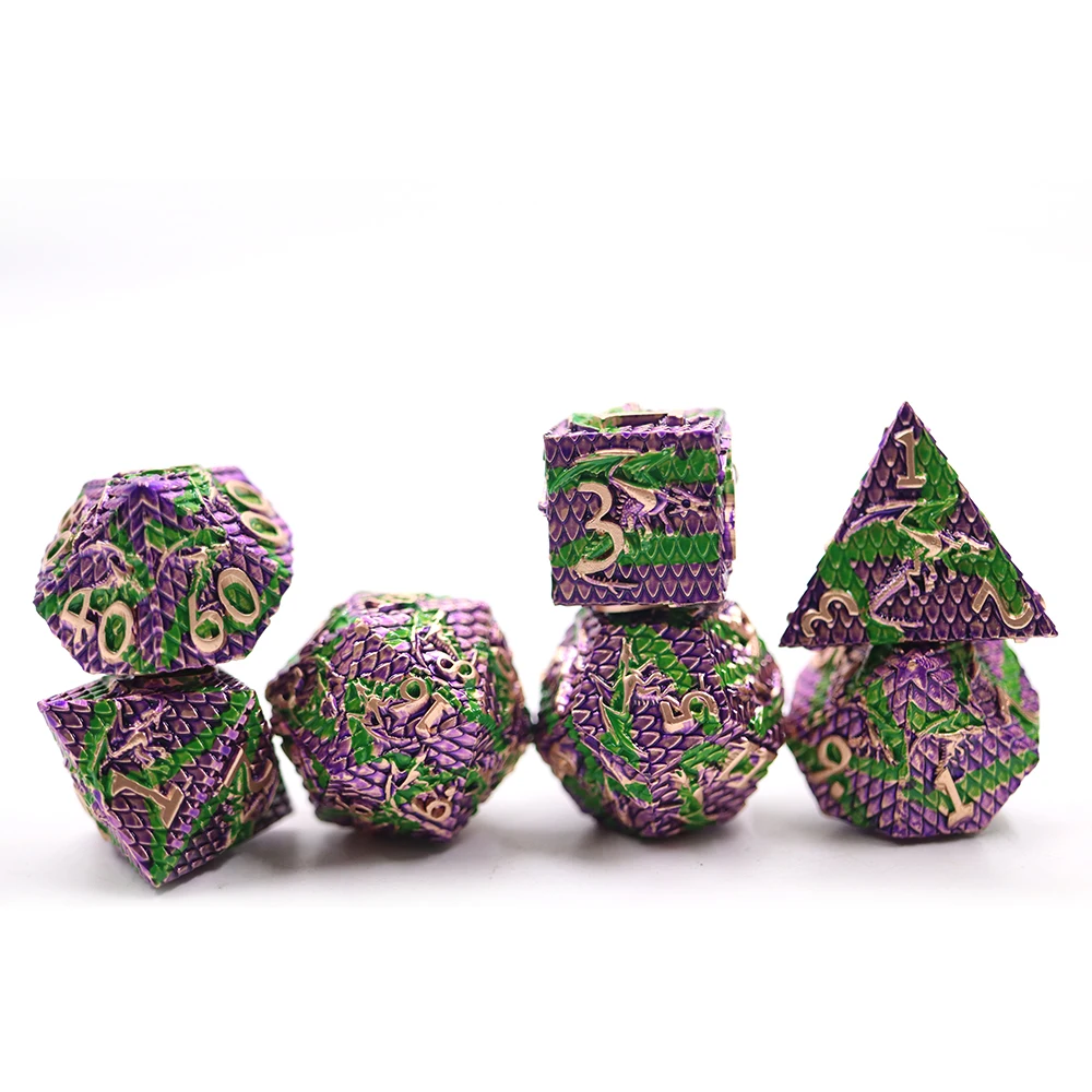 

Custom Green Dragon Scale and Dragon Purple metal large dice with copper color number set 1 set