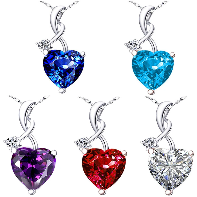 

S925 Silver Color Necklace Blue Sapphire Pendant Women Heart Red Ruby Topaz Pierscionki Bizuteria Gemstone S925 Jewelry Pendant