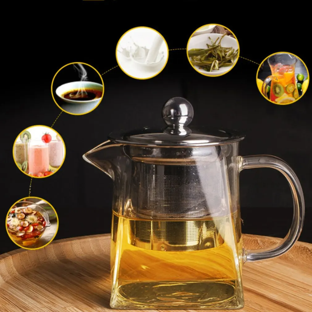 Heat-resistant Stainless Steel Filter Teapot Square Flower Teapot Glass Tea Set 