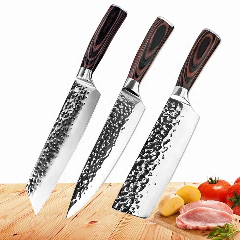 

forging hammer pattern 7cr17 8 inch chef's knife color wood handle slicing kitchen stainless steel knife set