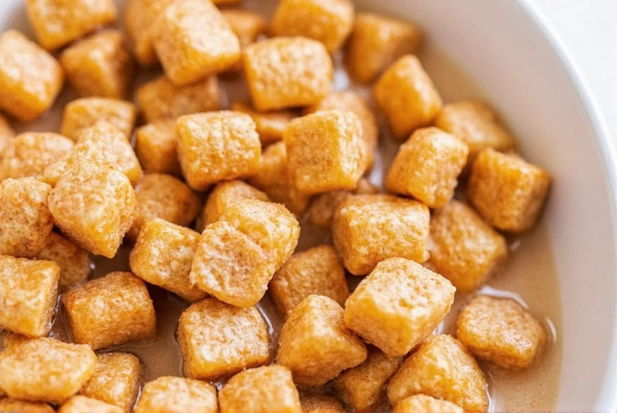 Close-up of cinnamon french toast cereal in a bowl with milk, showing the distinctive square-shaped pieces and cinnamon dusting