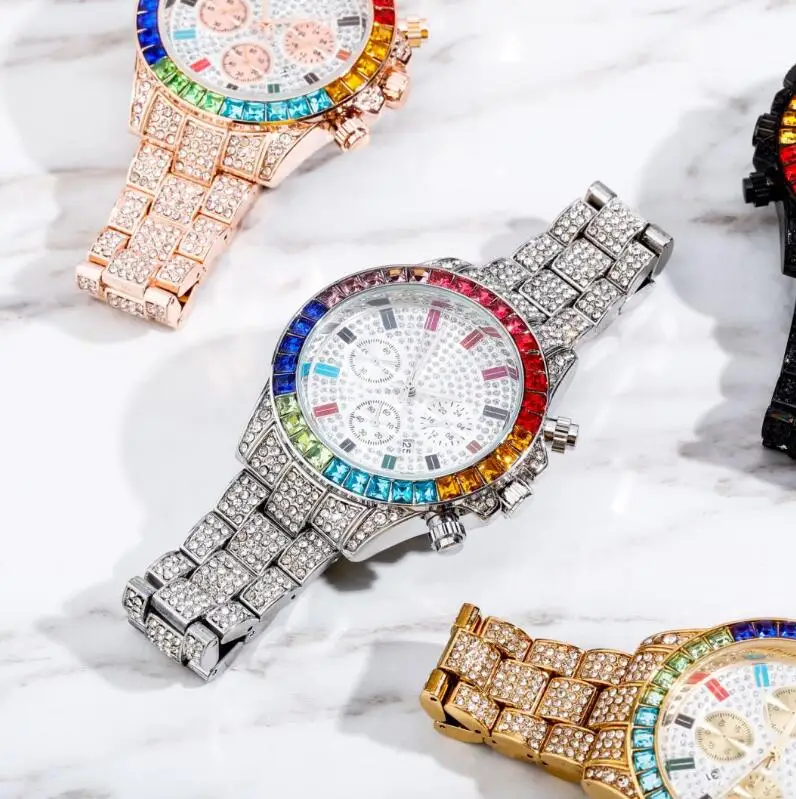 

Colourful Quartz Watch Hip Hop Bling Bling Full CZ Diamond Stainless Steel Wrist Watch Gift Jewelry