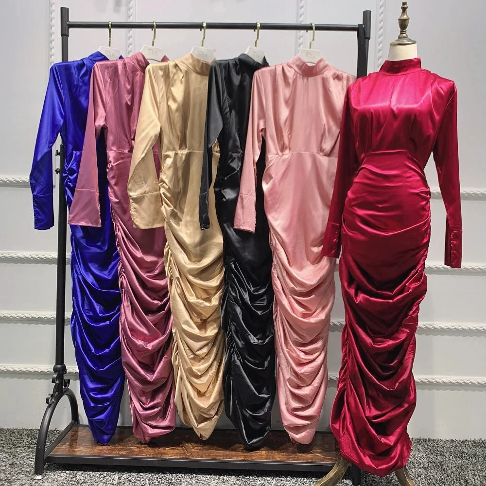 

2021 New long sleeve solid color pleated satin dress Dubai elegant dress Abaya for Muslim Women, Royal blue, purple, beige, black, pink, wine red