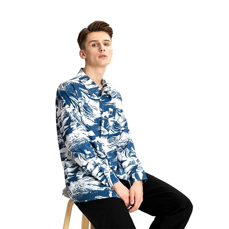 

Fashion Long Sleeve Blue Digital Printing Casual Beach Shirt For Men Spring