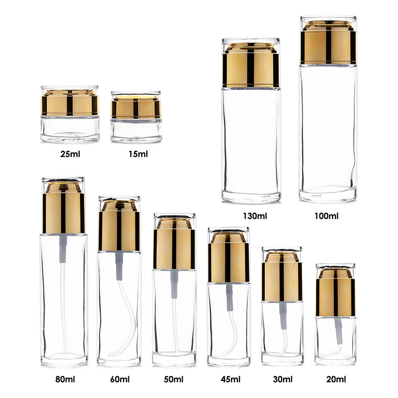 

Cosmetic Serum Lotion Bottle Glass Cream Jar 80ml Flat Shoulder Clear Frosted Glass 20ml 30ml 45ml 50ml 60ml with Gold Cap 2pcs
