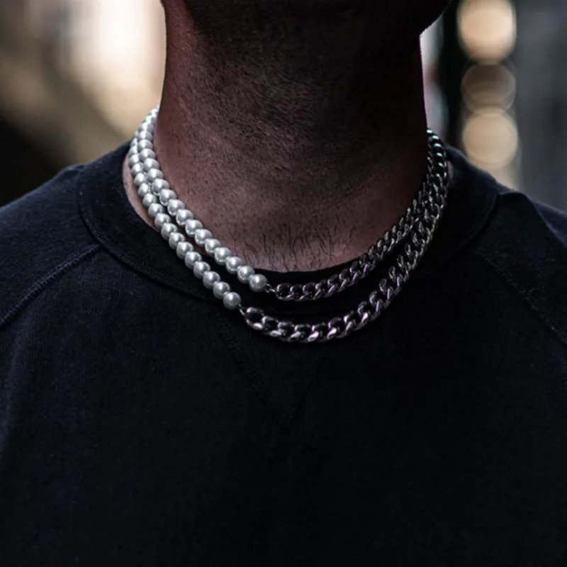 

Nice Half Cuba chain Half Freshwater pearl Chokers Necklaces 18K Real Gold Plated Cuban Chain necklace for men and women