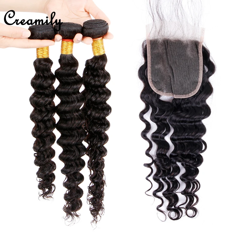 

Wholesale Virgin Hair Vendors Deep Wave Hair Weave Bundles With Closure Hair Extension, Natural colors