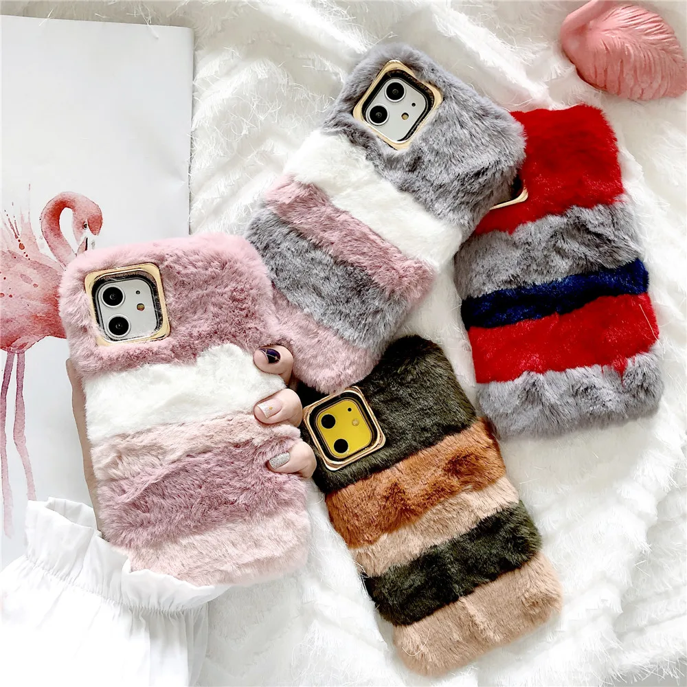 

wholesale cute fur rabbitt pink girly furry mink fluffy back cover makeup mirror cell phone case for iphone 11 12 13 pro max