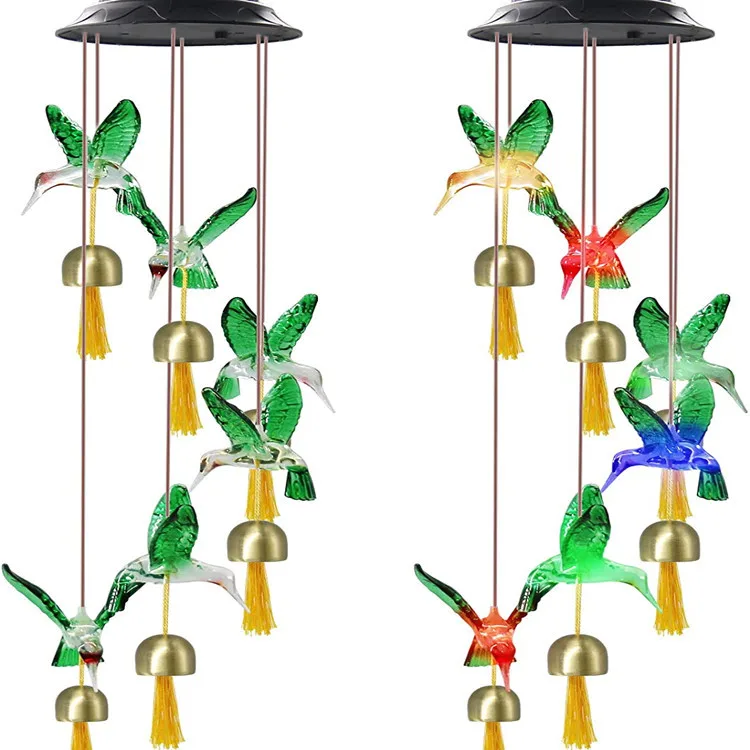 

Dropshipping Solar hummingbird wind chime with bell, color changing mobile LED solar wind chime, outdoor mobile chandelier, deck