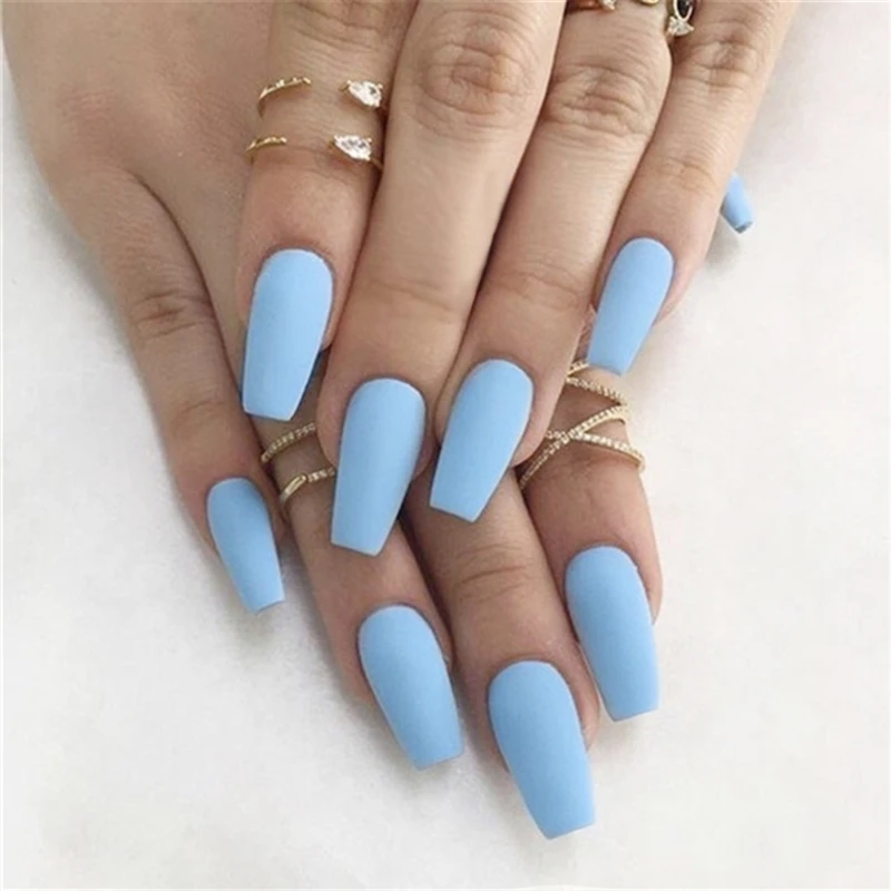 

Wholesale Best Quality Blue Frosted French Full Cover Artificial False Acrylic Press On Nails Tips, Light blue