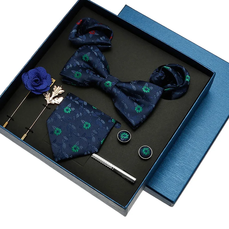 

Men's Tie Set Gift Box Bowtie Pocket Square Brooch Cufflinks Clip Pin 8pcs Suit For Men Business Necktie Handkerchiefs Set