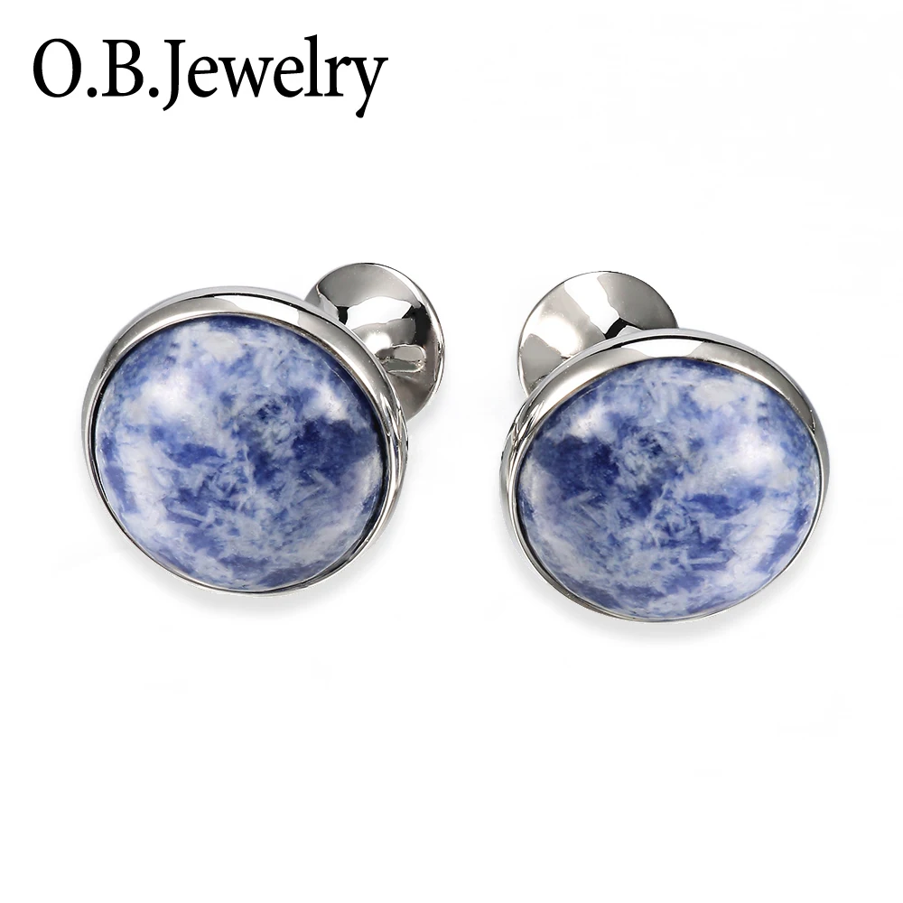 

OB Men's Jewelry Spot Stone Cufflinks For Mens Shirt Cuffs Cuff links Luxury High Quality Round Blue Stone Cufflink Wholesale