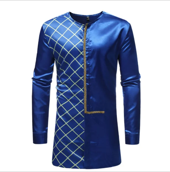 

H & D Good Quality African Men Base Robe Men Plaid Mid-length Long-sleeved Men Cotton Shirts