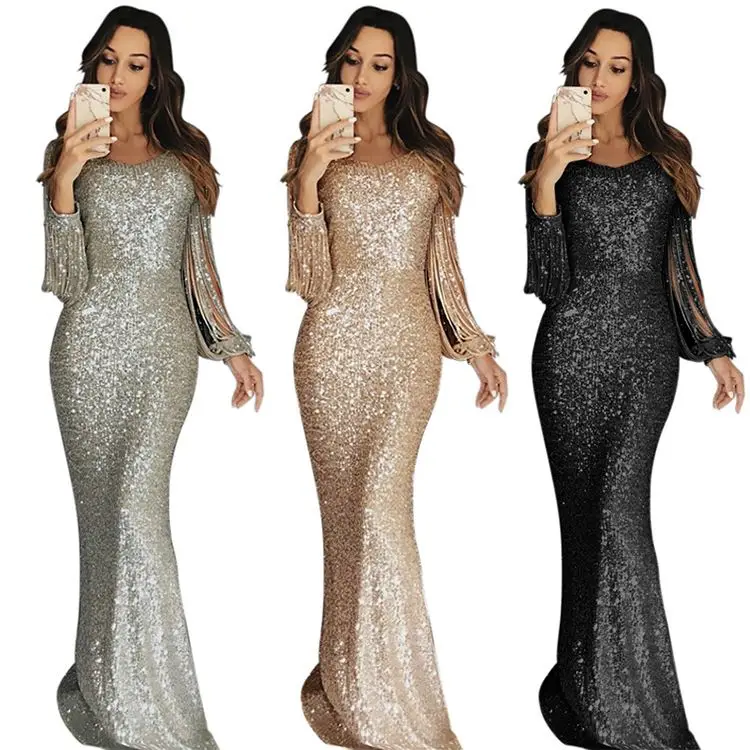 

Wholesale Fringe Long Sleeve Party Maxi latest dress Sequin formal patterns dresses for girl, Customized color