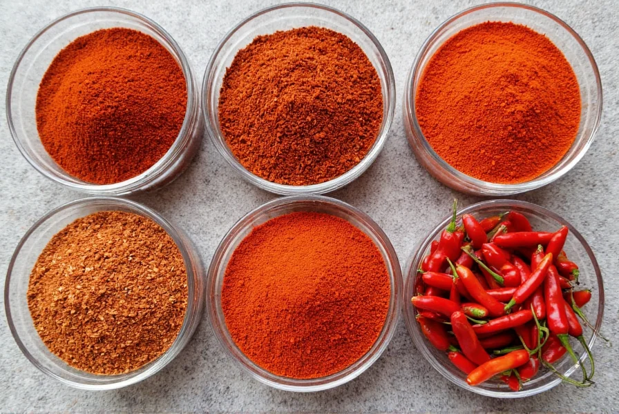 Close-up comparison of chili flakes substitutes including crushed red pepper, cayenne, paprika, and fresh chilies arranged in small bowls