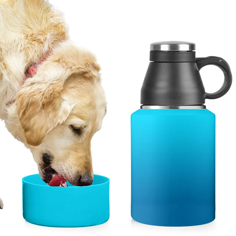 

Everich Pet 32oz 40oz 64oz stainless steel vacuum insulated double wall dog feeding water bottle with attached dog bowl, Customized colors acceptable