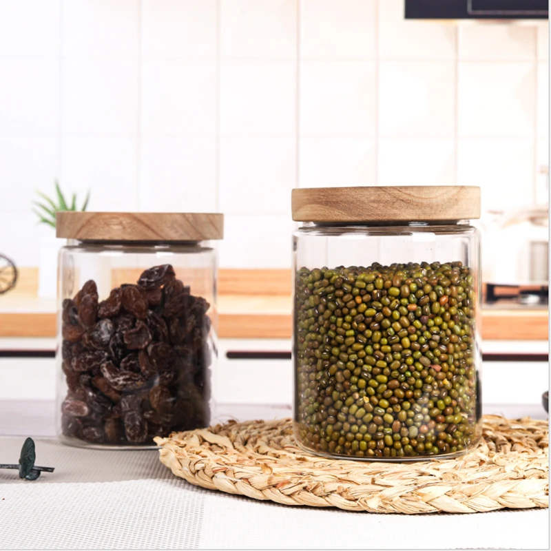 

Round Glass Food Sealed Canister Grain Storage Pasta Containers Kitchen Storage Glass Jar With Wooden Lid, Transparent