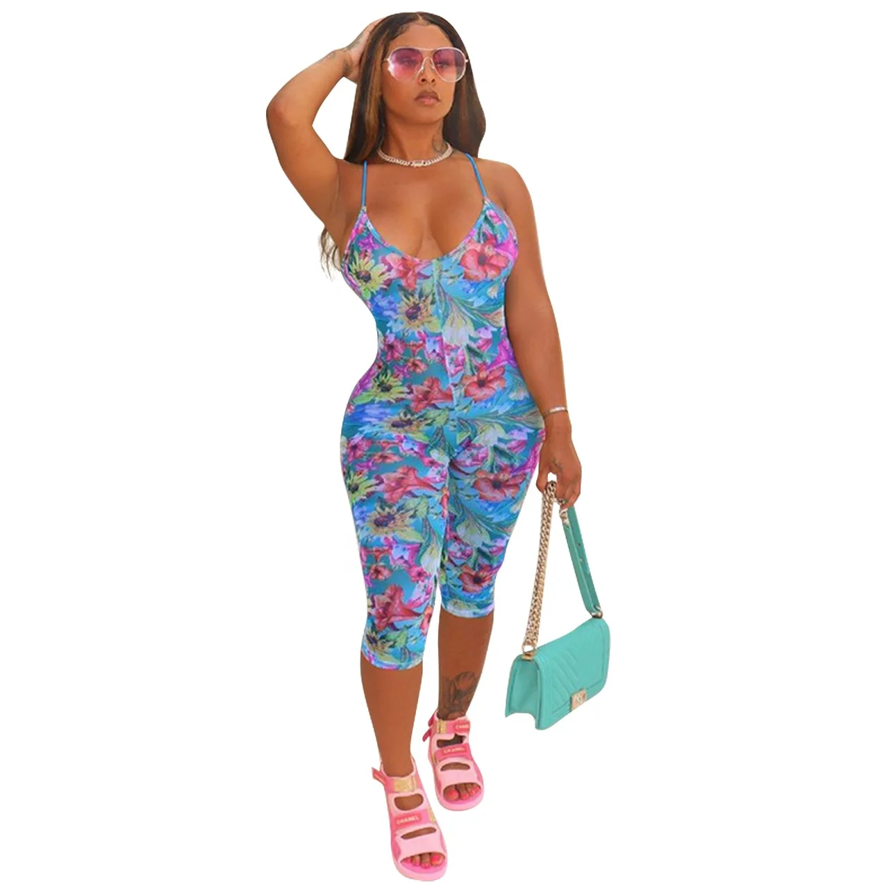 

AI16-824 Fashion women's sexy halter with V-neck print holiday style jumpsuit