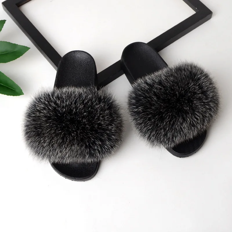 

New Arrival Custom Indoor Flat Fluffy fur Slides Furry Fox Fur Slippers For Women, Customized color