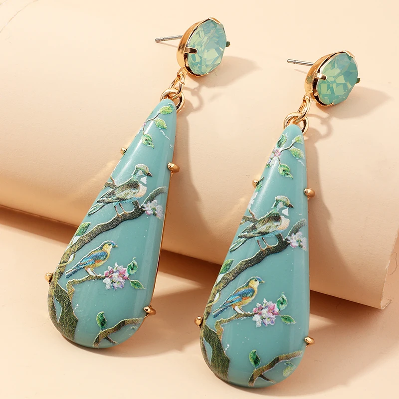 

Wholesale Vintage Chic Resin Printed Earrings Court Style Flower Bird Earrings Drop Earrings For Women