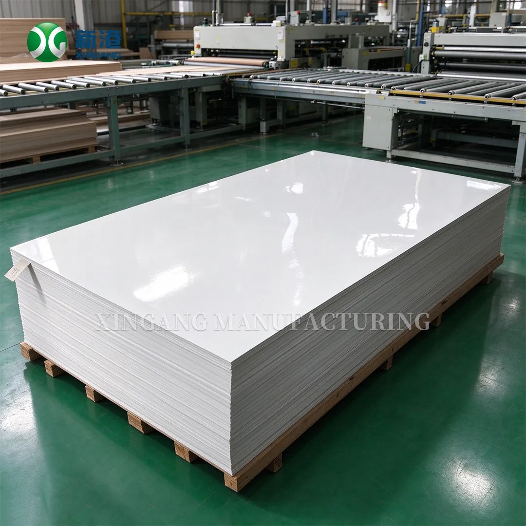 Pallet of white high gloss HPL laminate sheets on a factory floor