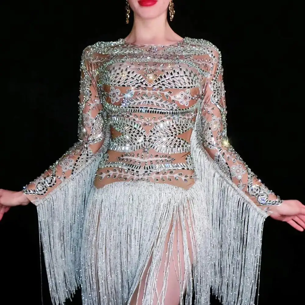 

Flashing Rhinestones Costume Fringes Dress Stage ClothingWomen's Birthday Prom Celebrate Outfit Bar Evening Women Dancer