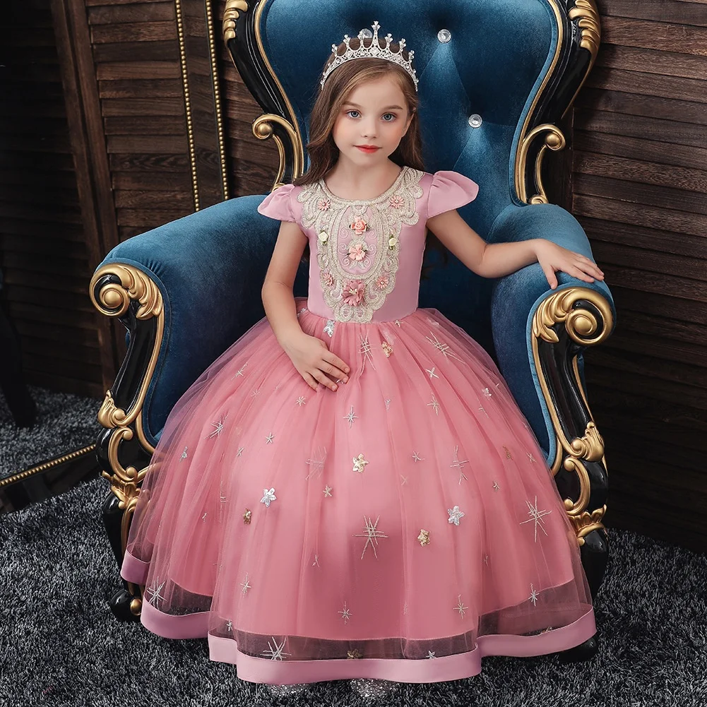 

Lovely Cute Stylish Children's Long Dress Embroidered Princess Dress Star Sequins Short Sleeves Dress Children's Pettiskirt