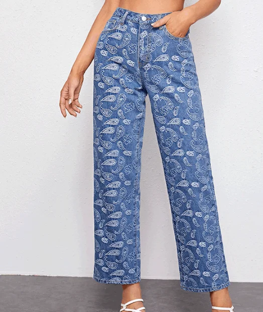 

Wholesale custom fashion printed high waist blue jeans straight women jeans, Picture