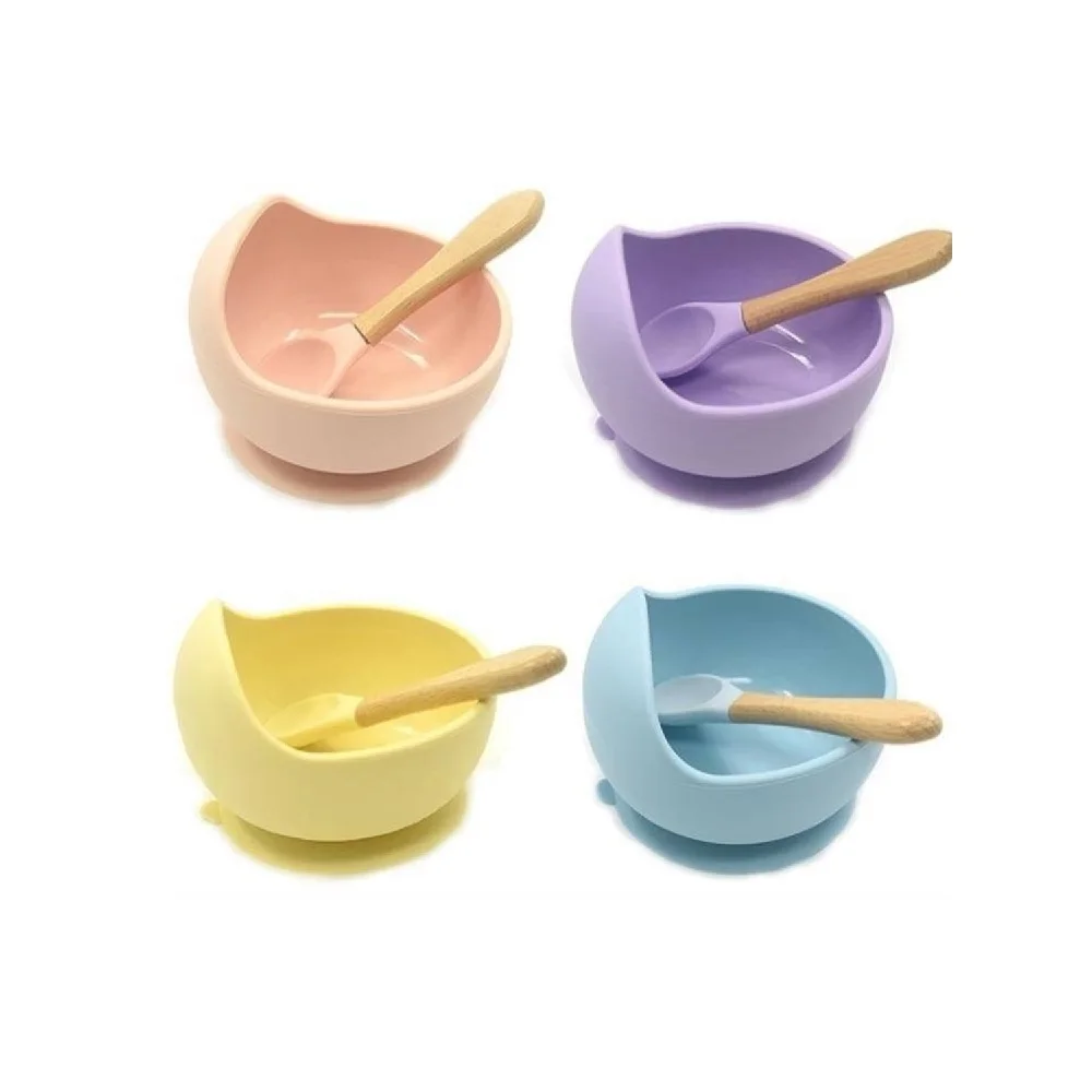 

Wholesale Custom Non-slip ECO Friendly Magic Toddler Snack Eating Food Suction Sticky Set Silicone Baby Feeding Bowl with Spoon