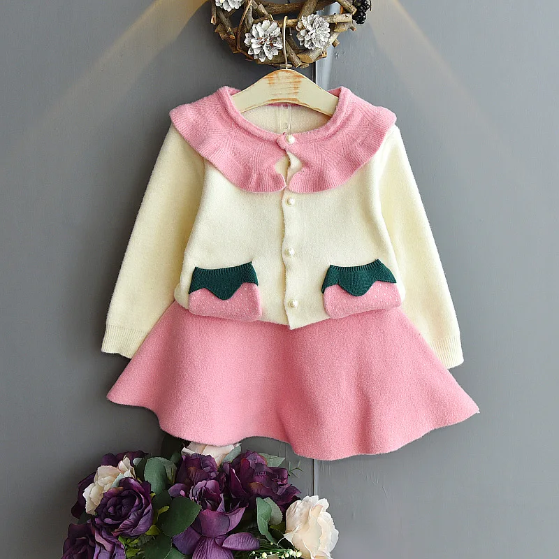 

2021 new children princess clothing baby jacket knitted cardigan two-piece girls sweater skirt sets