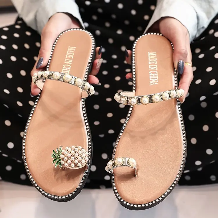 

Women Slipper Pineapple Pearl Flat Toe Bohemian Casual Beach Sandals Ladies Shoes Platform 2020 Designer Black Slides Wholesale, As picture
