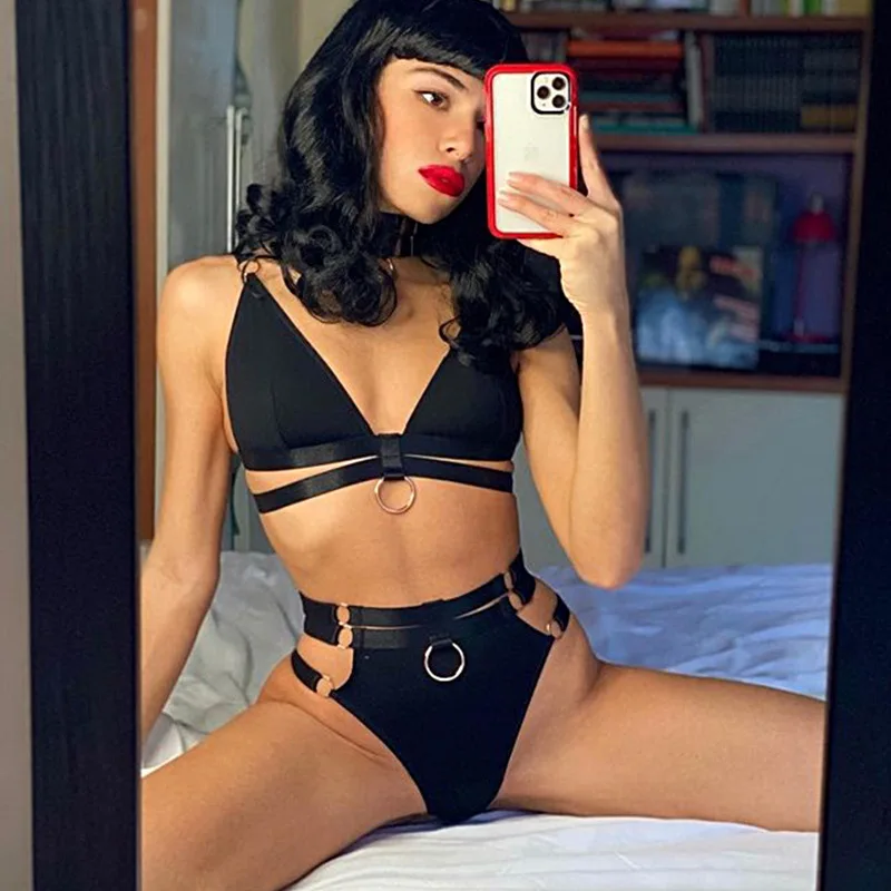 

LvCong New Arrival women sexy underwear woman plus size bra gathered v neck tank top black lingerie set