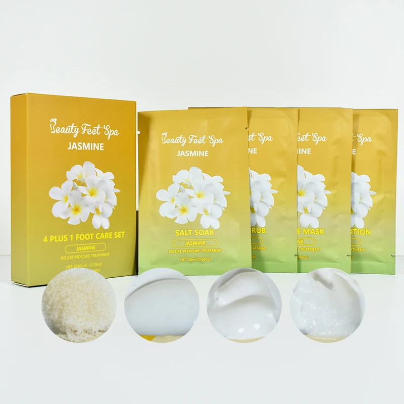 

wholesale jasmine In a Box Deluxe 4 Step Mineral Salt Soak Sugar scrub Foot Mud Mask Foot Lotion At Home Pedicure