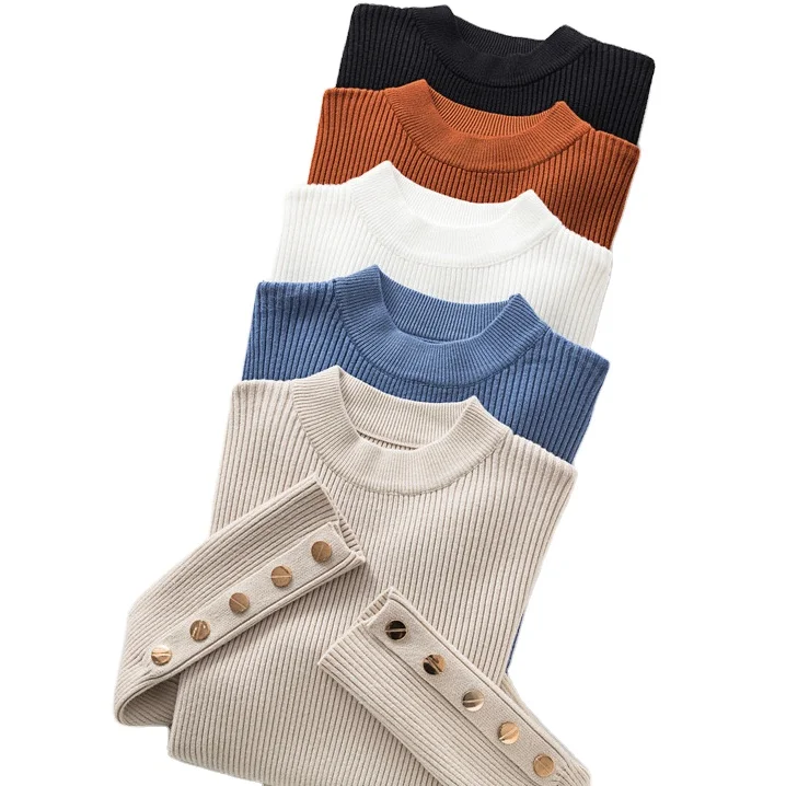 

All Match Casual Ladies Pure Color Thick Sweater Pullover Long Sleeve Button Round Neck Sweater Slim Knit Top Soft Pullover