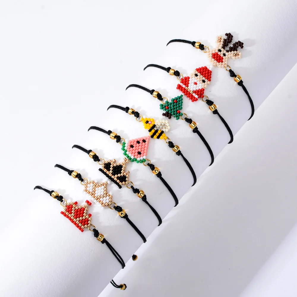 

New Design Cartoon Handmade Rice Beads Bee Christmas Tree Bracelet Braided Beads Crown Elk Santa Claus Bracelet For Christmas