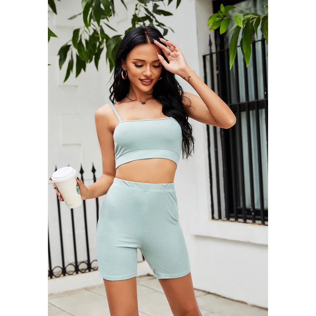 

solid color Ribbed Camisole and short pants two piece women