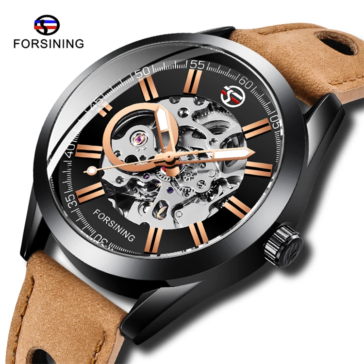 

Forsining 2021 NEW Mens Casual Sport Watch Genuine Leather Army Military Automatic Men's Wrist Watch Skeleton Clock 179