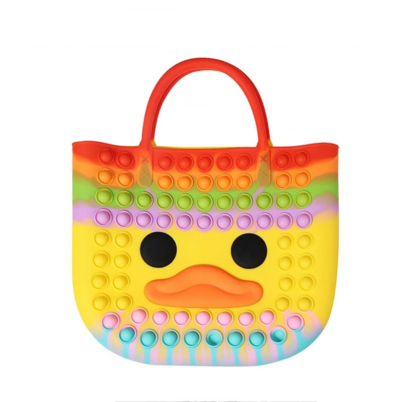 

Hot Selling Cartoon Party Shopping Hand Bags Kids Silicone Fidget Tote Bags Yellow Ducky Push Bubble Sensory Fidget Handbag