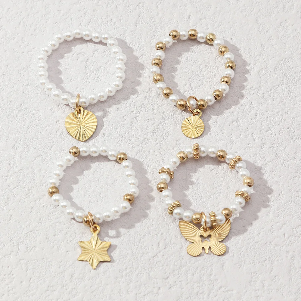 

Boho Elegant Gold Butterfly Heart Pendant Elastic Multiple Pearl Beaded Finger Rings Set for Women Jewelry