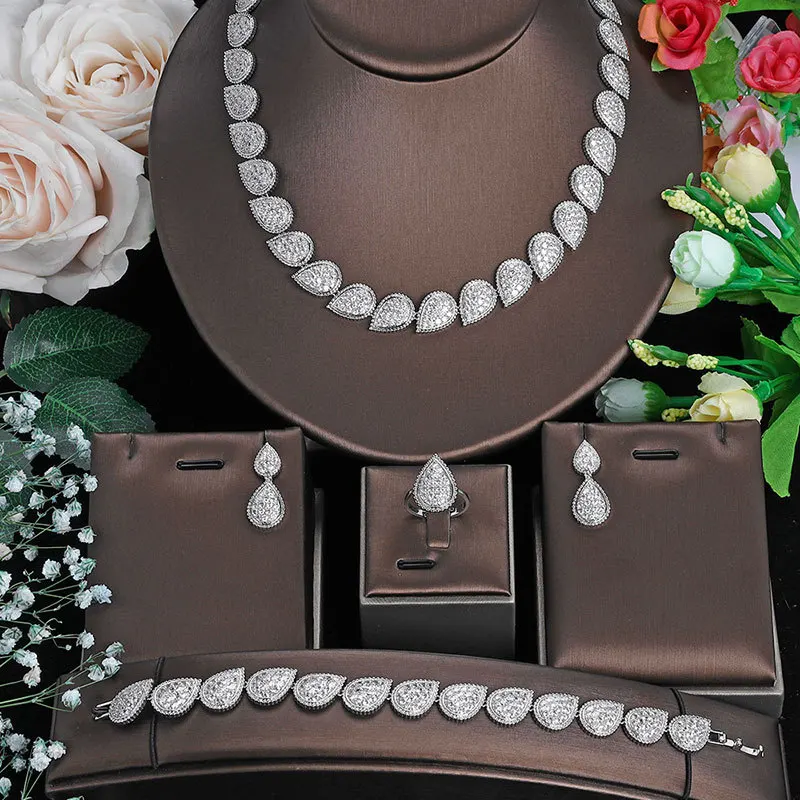 

Exquisite Prom Women Cubic Zirconia necklace Earrings Wedding Bridal Dubai African jewelry set, Silver