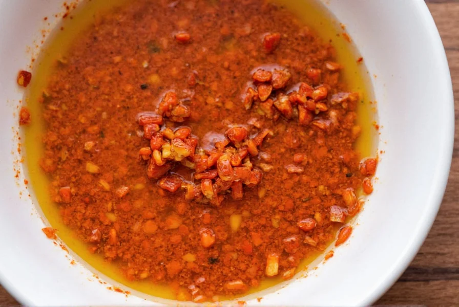 Close-up of crushed red pepper flakes mixed with olive oil in a small bowl, showing the oily texture that mimics Calabrian chili preparation