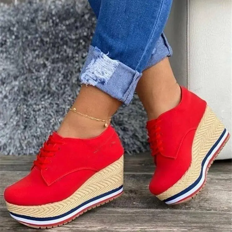 

New Fashion Vulcanize Shoes Women Sneakers Ladies Solid Color Wedge Thick Shoes Round Toe Lace-Up Comfortable Platform Sneakers