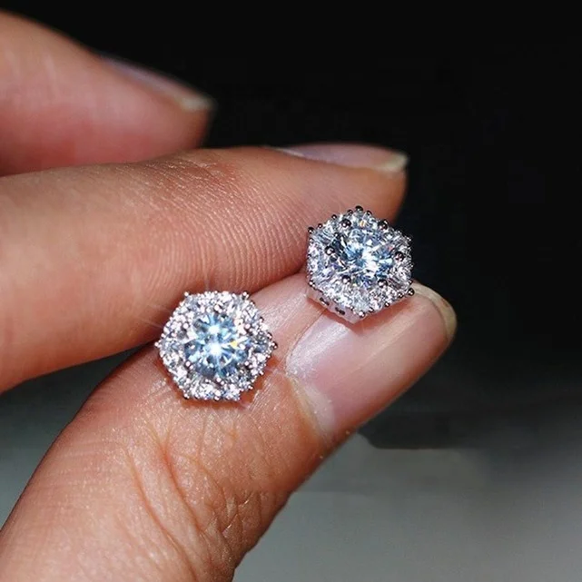 

Korean fashion minimalist diamond ear piercing earrings studs round cubic zirconia bezel setting 18k white gold women jewelry, Silver