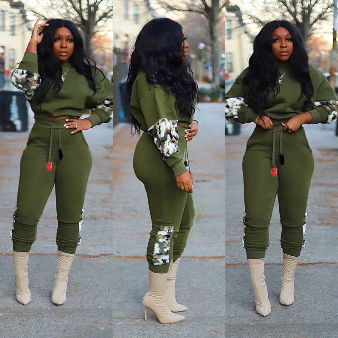 

2 Piece Sport Set Long Sleeve Hoodie Sweatshirt Drawstring Stretchy Skinny Pants Tracksuits Outdoor women Sweatsuit Plus Size